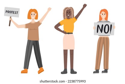 Group of women protest against gender violence. Angry girls in different poses: holding a banner, raising fist up. Civil resistance. Hand drawn vector cartoon illustration. Female community, equality.