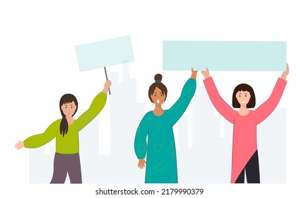 Group of women protest for their rights, female group protest, strong woman holding placard, manifestation for rights, flat vector illustration
