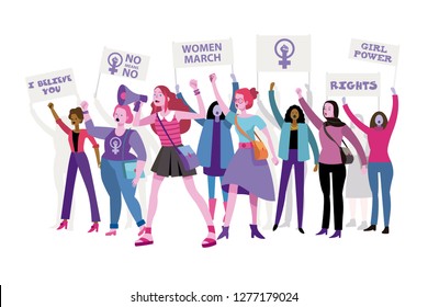 Group of women protesting and vindicating their rights holding banners and placards. Female march for rights. Woman power concept.
