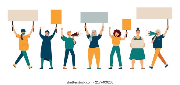 Gruppe von Frauen, die ihre Rechte mit Bannern, Megaphonen und Plakaten demonstrieren und verteidigen. Frauenmarsch für Rechte. Protest gegen eine aggressive Person bei einer politischen Sitzung, Parade oder Kundgebung. 