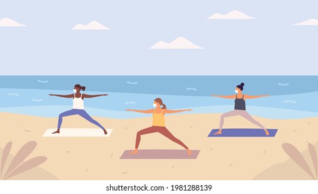 Group Of Women With Respiratory Mask Doing Yoga On Sandy  Beach. Beach Yoga Class,new Reality Open Air Workout, Physical Exercise. Flat Vector Illustration