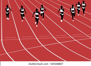 group women runners running sprints in stadium. black silhouette vector illustration