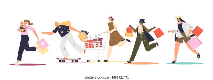 Group of women running for sale and promotions at shopping holding shopping bags and carts. Young cartoon female characters and seasonal discounts. Flat vector illustration