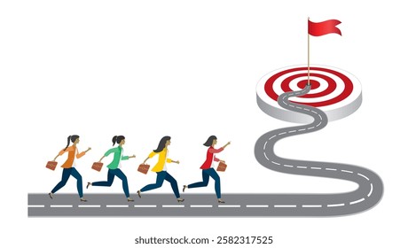 Group of women running towards goal on winding road. Vector illustration.