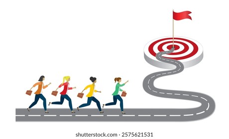 Group of women running towards winding road to goal. Vector illustration.