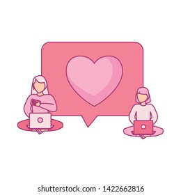 group of women seated using laptop computer and speech bubble
