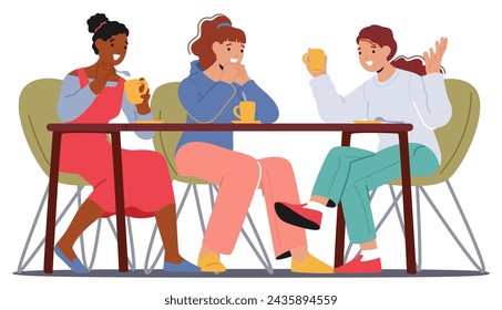 Group Of Women Share Laughter And Stories In A Cozy Cafe, Bonding Over Cups Of Coffee. Their Camaraderie Fills The Air With Warmth, Symbolizing Enduring Friendship. Cartoon People Vector Illustration