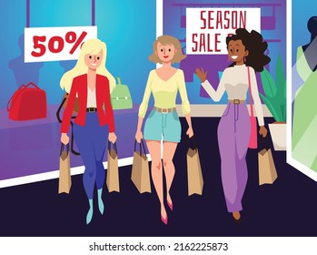 Group of women with shopping bags in the store, friends go shopping during discount season, flat vector illustration. Retail store interior design. People carrying paper bags with purchases.