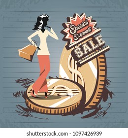 group of women in shopping day style retro