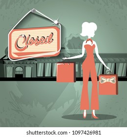 group of women in shopping day style retro