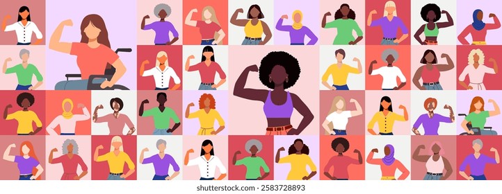 A group of women are shown in a row, each with a different colored shirt. The image is titled "Women's Strength"