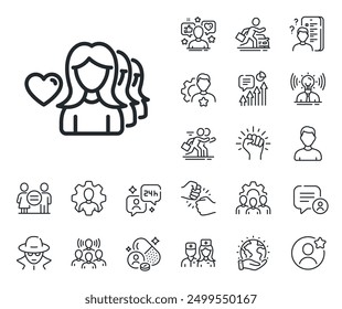 Group of Women sign. Specialist, doctor and job competition outline icons. Couple Love line icon. Valentines day symbol. Woman love line sign. Avatar placeholder, spy headshot icon. Vector