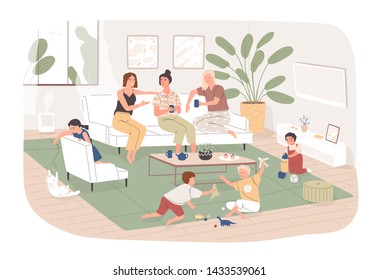 Group of women sit in cozy room, drink tea and talk to each other while their children play. Young moms spending time together at home. Friendly meeting. Flat cartoon colorful vector illustration.