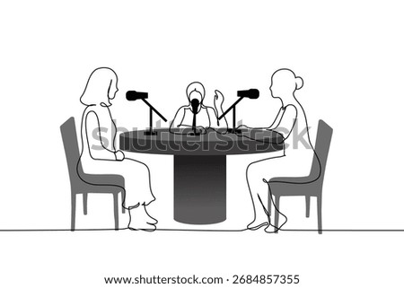 group of women sitting at a round table with microphones and hosting a podcast - one line art vector. Concept women's audio podcast, women only radio program. Handmade vector not AI