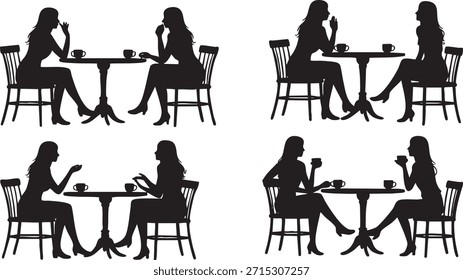 Grupo de mujeres sentadas en la mesa bebiendo café y hablando Vector, ilustración