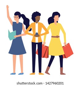 group women with smartphone paper and shopping bag vector illustration