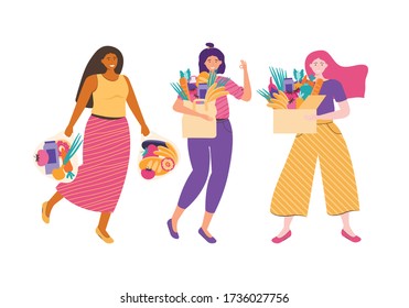 Group of women smiles and holds a cardboard box, paper packages and bag full of vegetables and fruits while. Ecological food and vegetarian. Female character dieting and healthy eating. Vector flat