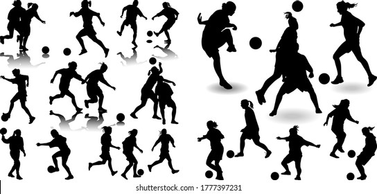 group of women soccer players and goalkeeper isolated silhouette vector
