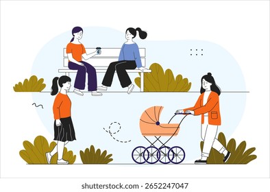 Grupo de mulheres passando um tempo no parque, relaxando em um banco, andando e empurrando um carrinho de bebê, em estilo gráfico plano com fundo da natureza. Conceito de comunidade. Ilustração vetorial