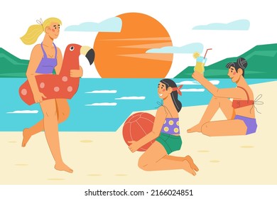 Group of women spending vacation on the sea beach, flat vector illustration. Banner background for traveling and summer sea vacation, tropical resort advertising.