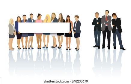 Group of women standing and holding a blank billboard, group of men looking at them.