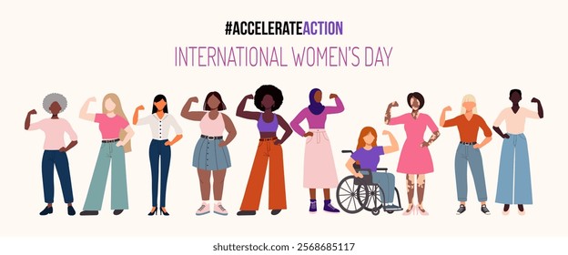 A group of women are standing in a row, with one woman in a wheelchair. The image is titled "International Women's Day" and is part of a larger poster