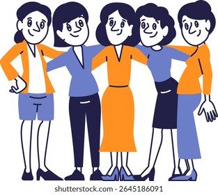 Group of Women Standing Together in Friendly Hug. Diverse Female Characters Smiling and Embracing in Flat Vector Styl.