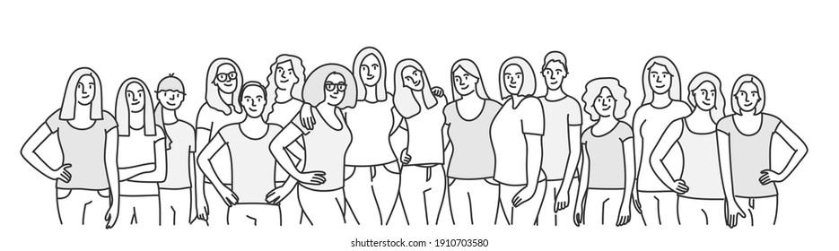 Group of women standing together. Hand drawn vector illustration.