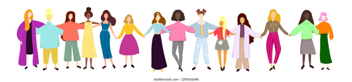 A group of women standing together and holding hands. Feminists, minded sisters. Girl power concept. Vector illustration.