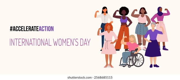 A group of women are standing together on International Women's Day. The image is titled #AccelerateAction and is meant to inspire people to take action for women's rights