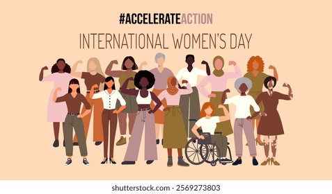 A group of women are standing together on a poster for International Women's Day. The poster is titled "Accelerate Action" and features a diverse group of women with different skin tones and abilities