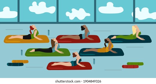 Group Of Women Stretching And Practices Yoga In A Class, Healthy Lifestyle And Fitness Concept. Flat Vector Female Cartoon Characters Demonstrating Yoga Positions