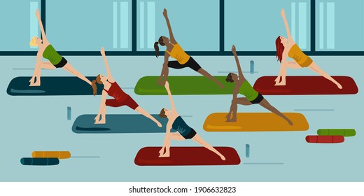 Group of women stretching and practices yoga in a class, healthy lifestyle and fitness concept. Flat vector female cartoon characters demonstrating yoga positions