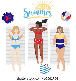 Group of women sunbathing and reading book on the beach. Beautiful young girls in swimsuits lying on the towels. Set of female characters, hat, ball, bag, handwritten inscription hello summer. Vector