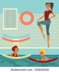 Group of women with swim noodles in a swimming pool doing exercises with instructor