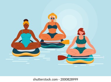  Group of women in swimsuits sit in lotus position on a stand up paddle board in the sea. Paddle board yoga. Concept of healthy lifestyle. Vector illustration   
