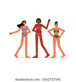 Group Of Women In Swimwear Posing Confidently In Flat Vector Illustration Symbolizing Fashion, Body Positivity, And Confidence, Isolated On White Background.