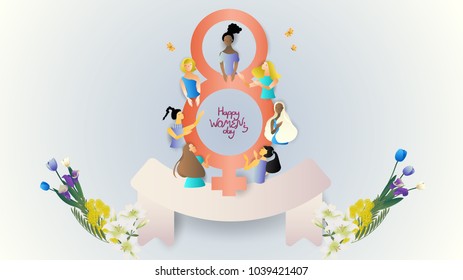 group of women with symbol and scroll,cute cartoon character,vector illustration,international women's day,for website banner,commercial,content head or presentation background,space for text