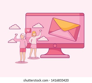 group of women taking selfie with smartphone and monitor computer