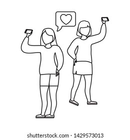 group women taking selfie with smartphone and speech bubble