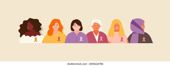 Agrupar a las mujeres juntos el día del cáncer de mama. Banner vectorial de prevención y sensibilización