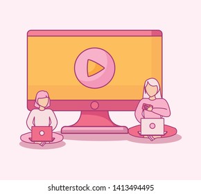 group of women using laptop with monitor computer