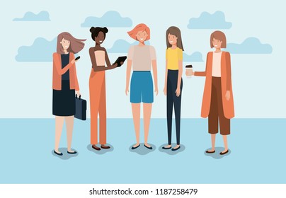 group of women using smartphone and drinking coffee