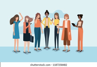 group of women using smartphone and drinking coffee