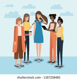 group of women using smartphone and drinking coffee