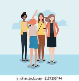 group of women using smartphone and drinking coffee