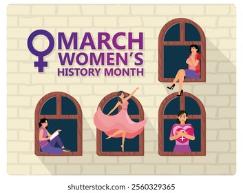 A group of women with various activities. Celebrating Women's History Month with empowerment and unity. Women's History Month concept. Flat vector illustration.