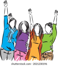 group of women very happy raising arms celebration vector illustration