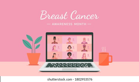 Group Of Women Video Conference Online On Laptop Screen For Breast Cancer Awareness Month With Pink Ribbon, Flat Vector Illustration