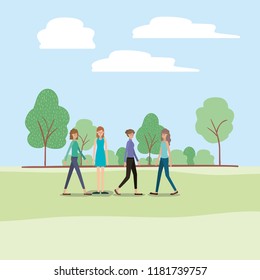 group of women walking on the park characters